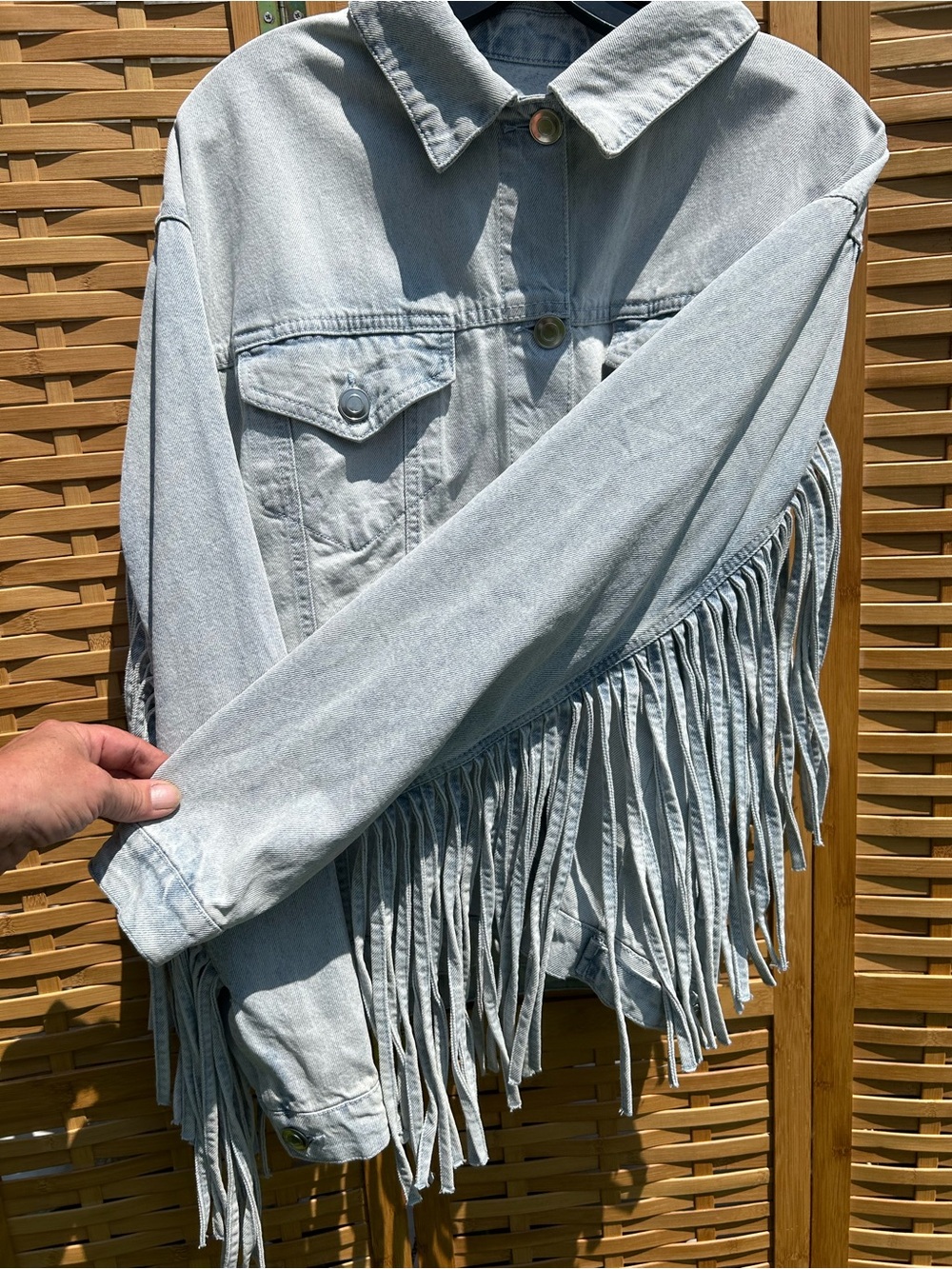 Light Gray Fringe Denim Jacket - Women - Picture 6 of 12